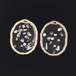 Epoxy Resin Pendants, with Shell and Alloy Findings, Oval, Colorful, Matte Gold Color, 30.5x22x1~1.5mm, Hole: 1.4mm(RESI-S365-26)