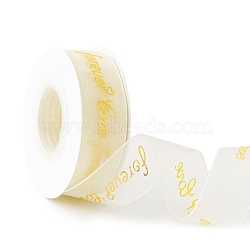 10 Yards Gold Stamping Forever Love Chiffon Ribbons, Garment Accessories, Gift Packaging, Word, 1 inch(25mm)(PW-WG21800-03)