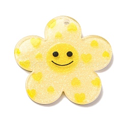 Acrylic Pendants, with Glitter Power, Flower with Smiling Face, Yellow, 38x39x2mm, Hole: 2.2mm(OACR-Q055-01G)