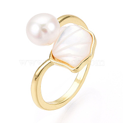 Natural Pearl Open Cuff  Ring with Msilver-Lipped Pearl Oyster, Brass Finger Rings, Shell Shape, Real 18K Gold Plated, US Size 7(17.3mm)(PEAR-N022-C11)