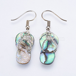 Natural Paua Shell/Abalone Shell Dangle Earrings, with Brass Findings, Flip Flops, Colorful, 40~41mm, Pin: 0.7mm(EJEW-F147-G04)