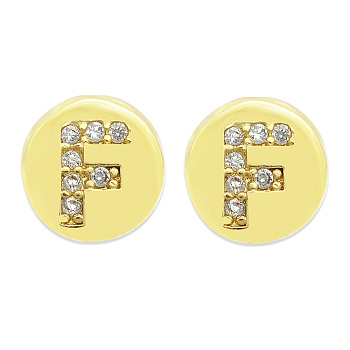 Brass Micro Pave Clear Cubic Zirconia Beads, Flat Round with Letter, Letter.F, 7.5x6.5mm, Hole: 3.5mm, 3pcs/bag