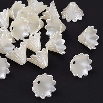 Multi-Petal Flower ABS Plastic Imitation Pearl Bead Caps, Creamy White, 10x15mm, Hole: 2mm