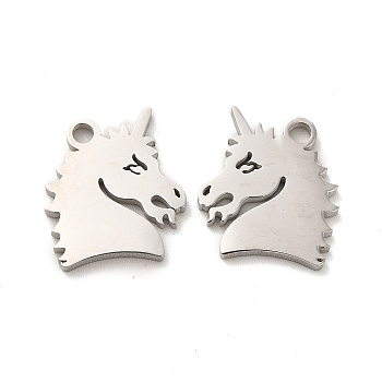 304 Stainless Steel Charms, Unicorn, Stainless Steel Color, 14x13x1.4mm, Hole: 1.8mm