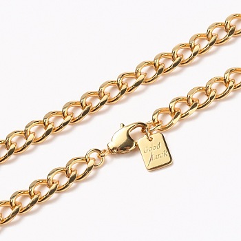 Men's Brass Cuban Link Chain Necklaces, with Lobster Claw Clasps, Long-Lasting Plated, Word Good Luck, Real 18K Gold Plated, 24-3/8 inch(61.8cm)