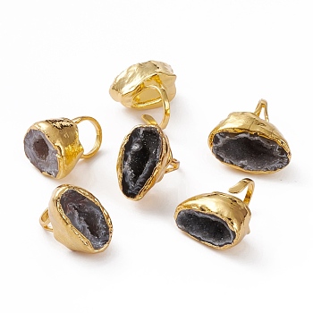 Adjustable Natural Druzy Agate Cuff Rings, Open Rings, with Golden Plated Brass Findings, Nuggets, US Size 7 1/4(17.5mm)