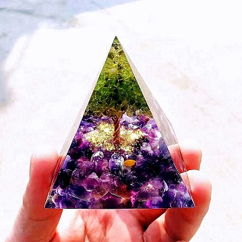 Orgonite Pyramid Resin Energy Generators, Reiki Natural Amethyst & Peridot Chips Tree of Life for Home Office Desk Decoration, 50mm