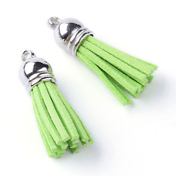 Faux Suede Tassel Pendant Decorations, with CCB Plastic Cord Ends, Platinum, Yellow Green, 35~37x10mm, Hole: 1.8mm