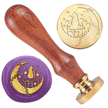 Wax Seal Stamp Set, 1Pc Golden Tone Sealing Wax Stamp Solid Brass Head, with 1Pc Wood Handle, for Envelopes Invitations, Gift Card, Moon, 83x22mm, Stamps: 25x14.5mm