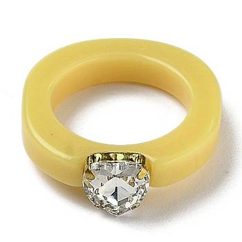 Resin Finger Rings, with Plastic Rhinestone, Heart, Golden, Yellow, US Size 6, Inner Diameter: 17mm