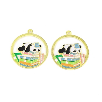 Golden Plated Alloy Enamel Pendants, Cadmium Free & Lead Free, Flat Round with Panda Charm, Colorful, 28.5x25x2mm, Hole: 1.8mm