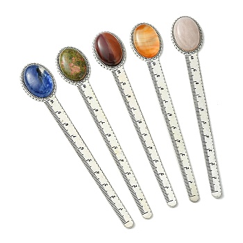 Natural & Synthetic Mixed Stone Bookmarks, Oval Tibetan Style Retro Alloy Bookmark Rulers, 134x22.5~23x8.5mm