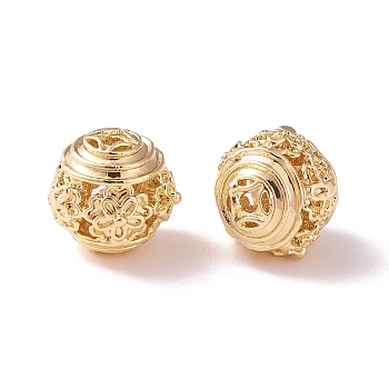 Brass Hollow Beads, Rondelle with Flower, Golden, 8.5x8mm, Hole: 1mm