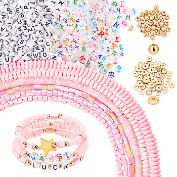Elite DIY Beads Jewelry Making Finding Kit, Including Cube & Column & Disc Polymer Clay & Acrylic Letter & Plastic Round Beads, Pink, 4~9x4~9x2.5~6.5mm, Hole: 1.4~2mm, 1281~1420Pcs/box
