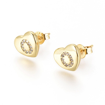 Brass Micro Pave Cubic Zirconia Stud Earrings, with Ear Nuts, Long-Lasting Plated, Heart with Initial Letter, Golden, Clear, Letter.O, 8x9x2mm, Pin: 0.7mm