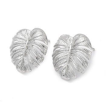 Brass Stud Earring Finding, with Vertical Loop, Tropical Leaf, Real Platinum Plated, 18x18mm, Hole: 1.2mm, Pin: 0.7mm