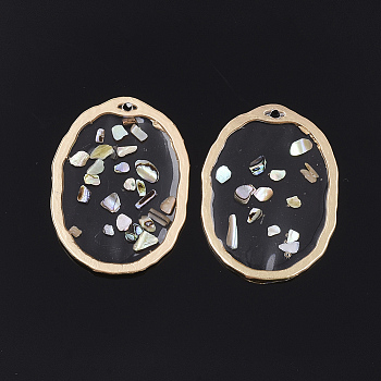Epoxy Resin Pendants, with Shell and Alloy Findings, Oval, Colorful, Matte Gold Color, 30.5x22x1~1.5mm, Hole: 1.4mm