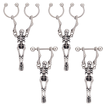 ANATTASOUL 4Pcs 2 Style Titanium Steel Skeleton Skull Dangle Hoop Earrings for Women, Antique Silver, 45~54mm, Pin: 1.1mm, 2Pcs/style