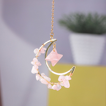 Natural Rose Quartz Chip Wire Wrapped Metal Moon Hanging Ornaments, Gemstone Merkabah Charm for Home Outdoor Decoration, 250mm