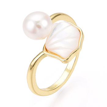 Natural Pearl Open Cuff  Ring with Msilver-Lipped Pearl Oyster, Brass Finger Rings, Shell Shape, Real 18K Gold Plated, US Size 7(17.3mm)