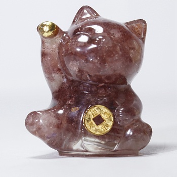 Resin Craft Display Decorations, with Natural Strawberry Quartz Chip, Lucky Cat Figurine, for Home Feng Shui Ornament, 63x55x45mm