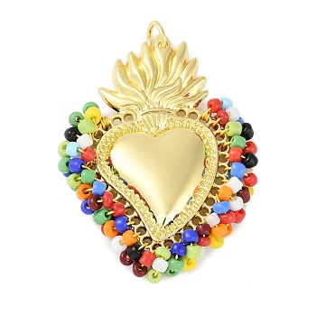 Brass Measle Pendants, Hand Woven Hearts, with Jump Ring, Real 18K Gold Plated, Colorful, 53x40x6mm, Hole: 5mm