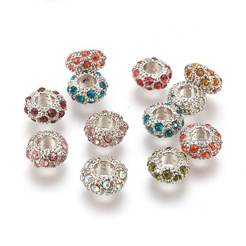 Perles européennes en alliage avec strass, Perles avec un grand trou   , rondelle, de couleur métal platine , couleur mixte, 11x6mm, Trou: 5mm