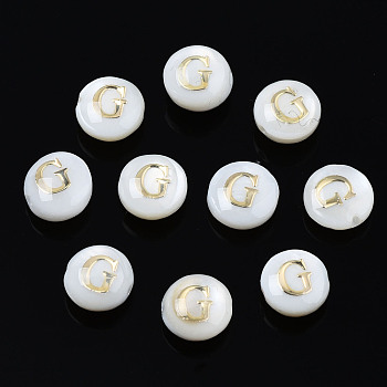 Natural Freshwater Shell Beads, with Golden Plated Brass Etched Metal Embellishments, Flat Round with Letter, Seashell Color, Letter.G, 6x4mm, Hole: 0.8mm