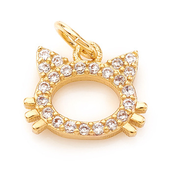 Brass Micro Pave Cubic Zirconia Charms, with Jump Rings, Cat Shape, Clear, Real 18K Gold Plated, 7.5x9x1.5mm, Jump Ring: 4x0.6mm, Hole: 2.5mm