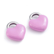 304 Stainless Steel Charms, Enamelled Sequins, Lock, Stainless Steel Color, Pearl Pink, 11x9.5x3.5mm, Hole: 3.5x2.5mm(STAS-I148-01P-02)