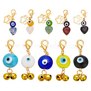 2 Sets 2 Style Natural Gemstone Heart & Bell Pendant Decorations, Round Evil Eye Lobster Clasp Charms, Cat Paw Print Charms, for Keychain, Purse, Backpack Ornament, 35~48mm, 1 set/style(HJEW-FG0001-17)