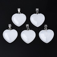 Heart Natural White Jade Pendants, with Platinum Plated Brass Findings, 20~22x20~21x5~8mm, Hole: 2x7mm(X-G-Q438-01)