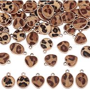 48Pcs 3 Style CCB Plastic Pendants, with Faux Horsehair Fabric, with Leopard Print, Heart & Flat Round & Oval, Light Gold, 20.5~25x16.5~17.5x4mm, Hole: 2.5mm, 16pcs/style(FIND-OC0002-19)