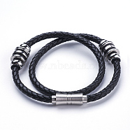 Two Loops Braided Leather Cord Wrap Bracelets, with 304 Stainless Steel Magnetic Clasp, Stainless Steel Color, 16.7 inch(42.5cm)(BJEW-F291-17P)