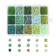 6/0 Glass Seed Beads, Transparent & Frosted Colors & Baking Paint & Opaque Colors Lustered & Opaque Colours &  Trans. Colours Lustered & Silver Lined & Transparent Colours Rainbow & Ceylon, Round, Green, 6/0, 4mm, Hole: 1~2mm, 15color, 20g/color, 300g/box(SEED-JP0009-02-4mm)