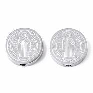 304 Stainless Steel Beads, Flat Round with Saint Benedict Medal, Stainless Steel Color, 14.5x3mm, Hole: 2mm(X-STAS-S079-169A-P)