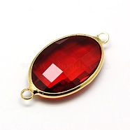 Golden Tone Brass Glass Flat Oval Links connectors, Faceted, Dark Red, 26x14x6mm, Hole: 2mm(GLAA-M007-B-16G)