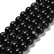 Natural Striped Agate/Banded Agate Beads Strands, Round, Dyed & Heated, Black, 14mm, Hole: 1.5mm, about 29pcs/strand, 15.75''(40cm)(G-NH0020-B01-01)