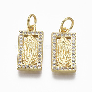 Brass Micro Pave Clear Cubic Zirconia Pendants, Lady of Guadalupe Charms, with Jump Ring, Nickel Free, Rectangle with Virgin Mary, Real 18K Gold Plated, 17x8x2mm, Jump Ring: 5x0.8mm, Inner Diameter: 3.4mm(X-KK-R133-004-01G-NF)