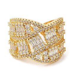 Clear Cubic Zirconia Criss Cross Open Cuff Ring, Brass Rings, Long-Lasting Plated, Lead Free & Cadmium Free, Real 18K Gold Plated, US Size 8 3/4(18.7mm)(KK-K343-09G)