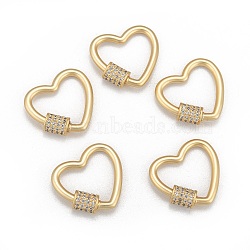 Brass Micro Pave Cubic Zirconia Screw Carabiner Lock Charms, for Necklaces Making, Quick Links, Long-Lasting Plated, Heart, Clear, Matte Style, Real 18K Gold Plated, 19x20x2mm(ZIRC-G160-23G)