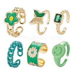 6Pcs 6 Styles Brass Cuff Rings, Open Rings, Long-Lasting Plated, Flower & Butterfly & Rectangle Octagon & Curb Chain & Smiling Face, Mixed Color, Inner Diameter: 16.5~19mm, 1pc/style(RJEW-LS0001-31G)