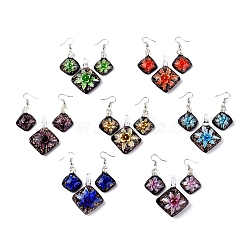 Handmade Lampwork Pendants and Dangle Earrings Jewelry Sets, with Gold Sand and Platinum Plated Brass Earring Hooks, Rhombus, Mixed Color, Pendants: 46~49x34.5~36.5x11.5~15mm, Hole: 5.5~7mm, Earring: 51~52.5mm, Pin: 0.7mm(SJEW-L146-D)