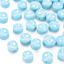 Handmade Polymer Clay Beads, Mother's Day Theme, Flat Round with Word I Love MOM, Light Sky Blue, 8~9.5x3.5~4.5mm, Hole: 1.5mm(X1-CLAY-T019-11D)