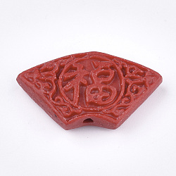 Cinnabar Beads, Carved Lacquerware, Fan with Chinese Characters, Red, 17.5x31x6.5mm, Hole: 1.8mm(X-CARL-T001-07)