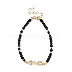 Infinity Brass Micro Pave Cubic Zirconia Link Bracelets, with Natural Black Agate Beads and Brass Spring Ring Clasps, Golden, 7-3/4 inch(19.8cm)(X-BJEW-JB05440-06)