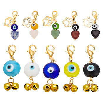 2 Sets 2 Style Natural Gemstone Heart & Bell Pendant Decorations, Round Evil Eye Lobster Clasp Charms, Cat Paw Print Charms, for Keychain, Purse, Backpack Ornament, 35~48mm, 1 set/style