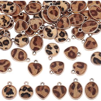 48Pcs 3 Style CCB Plastic Pendants, with Faux Horsehair Fabric, with Leopard Print, Heart & Flat Round & Oval, Light Gold, 20.5~25x16.5~17.5x4mm, Hole: 2.5mm, 16pcs/style