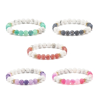 5Pcs 5 Color Natural Weathered Agate(Dyed) & Howlite Round Beaded Stretch Bracelets Set, Gemstone Jewelry for Women, Mixed Color, Inner Diameter: 2-1/4 inch(5.6cm), 1Pc/color