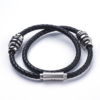 Two Loops Braided Leather Cord Wrap Bracelets, with 304 Stainless Steel Magnetic Clasp, Stainless Steel Color, 16.7 inch(42.5cm)